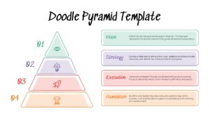 Doodle Pyramid PowerPoint template featuring four colored levels for foundation, execution, strategy, and vision with hand-drawn icons.