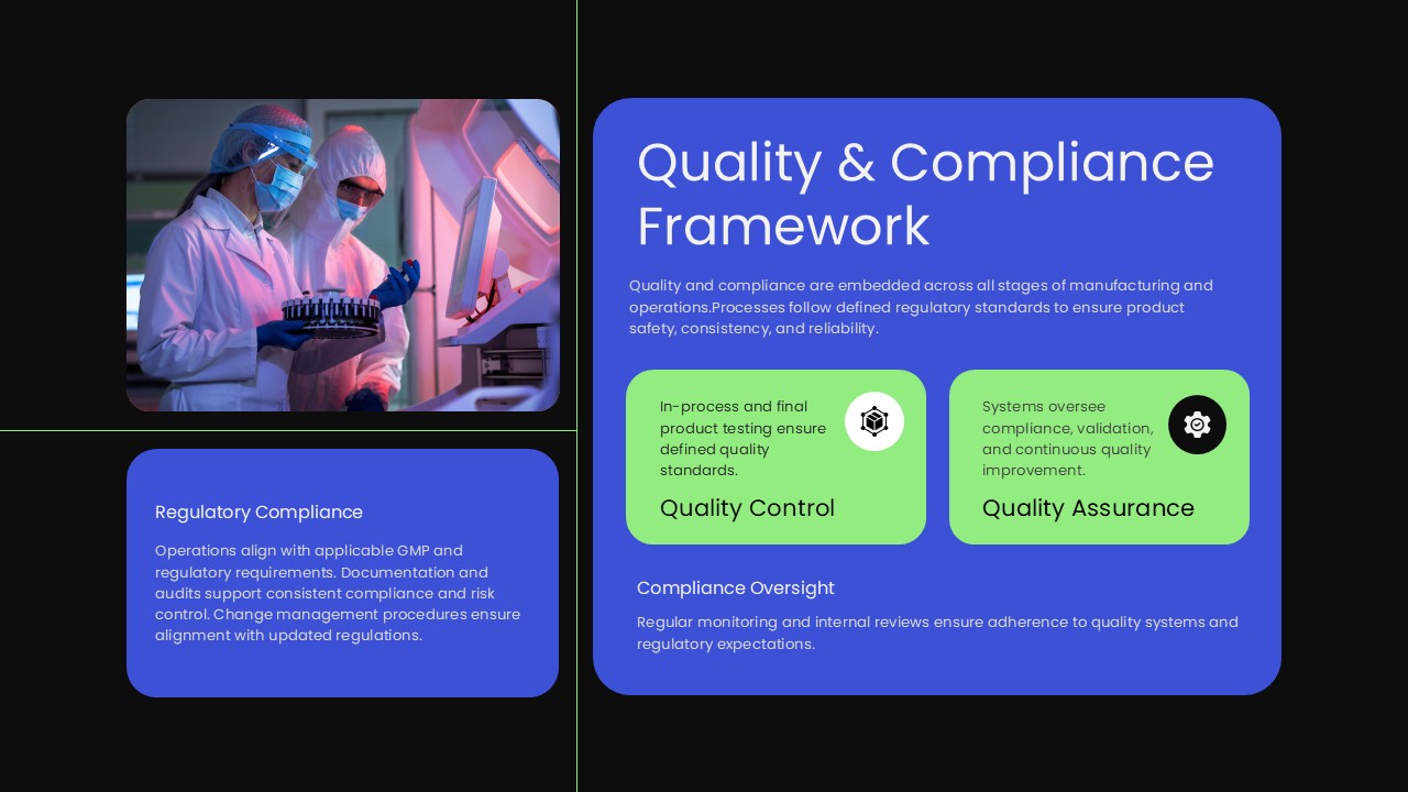 Pharmaceutical quality and regulatory compliance slide featuring quality control, quality assurance, and compliance oversight.