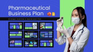Pharmaceutical business plan strategy presentation cover featuring a healthcare professional and medicine vial.