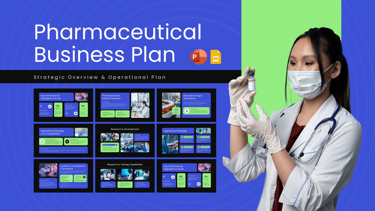 Pharmaceutical business plan strategy presentation cover featuring a healthcare professional and medicine vial.