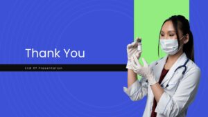 Pharmaceutical Business Plan PowerPoint presentation thank-you slide featuring a healthcare professional holding a medicine vial.