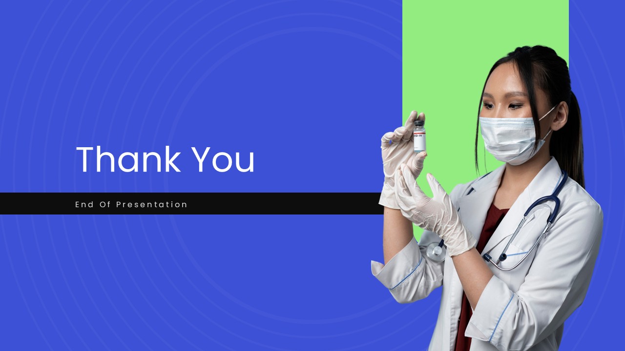 Pharmaceutical Business Plan PowerPoint presentation thank-you slide featuring a healthcare professional holding a medicine vial.