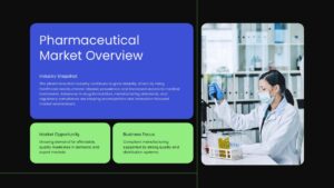 Pharmaceutical industry market overview presentation showing an industry snapshot, market opportunity, business focus, and laboratory image.